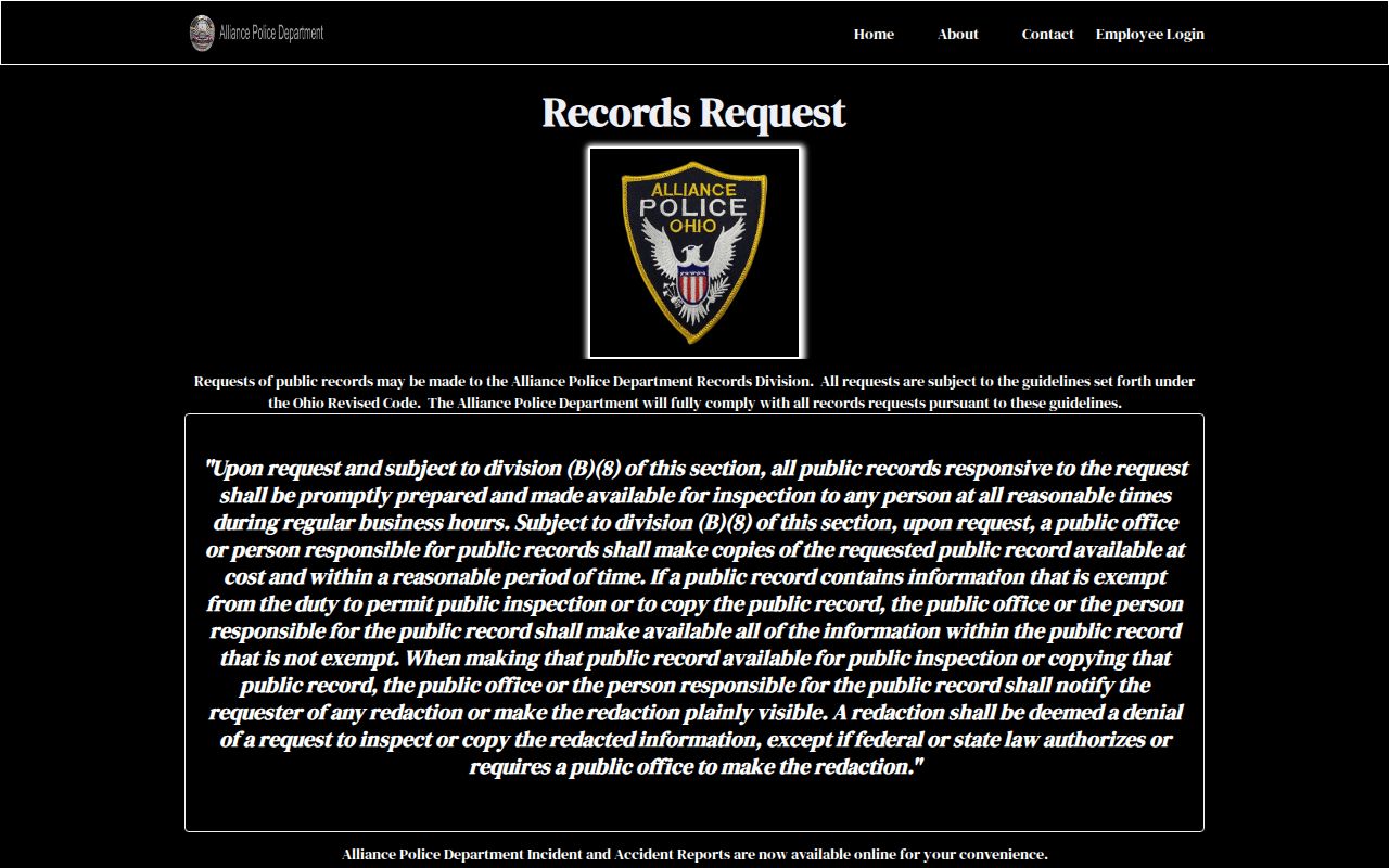 Alliance police record request for completed incident and accident reports
