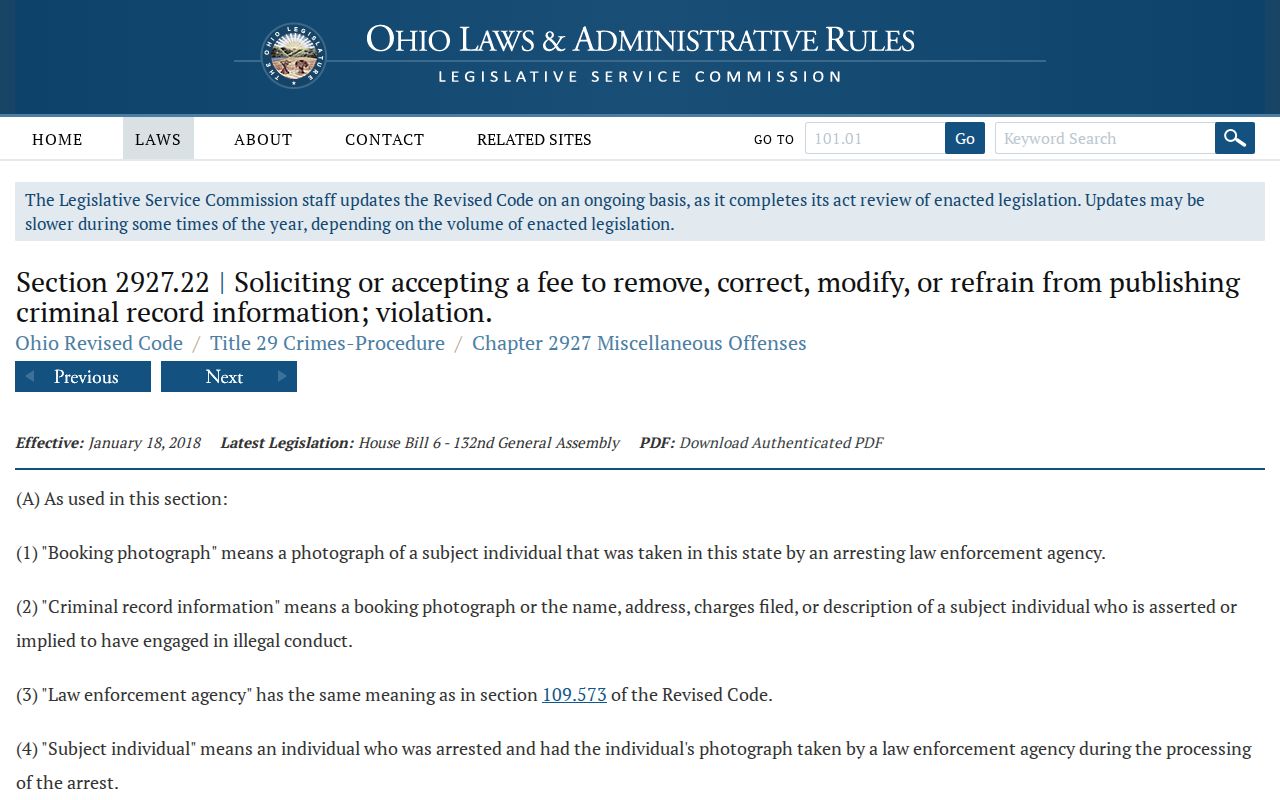 Ohio law source about booking photograph correction and removal fees for Stark County records context